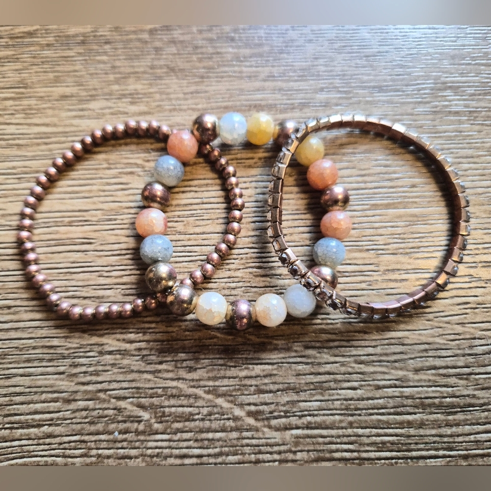 Rose Gold Color Stackable Stretch Bracelet Set Beaded Rhinestone Tennis Bracelet
